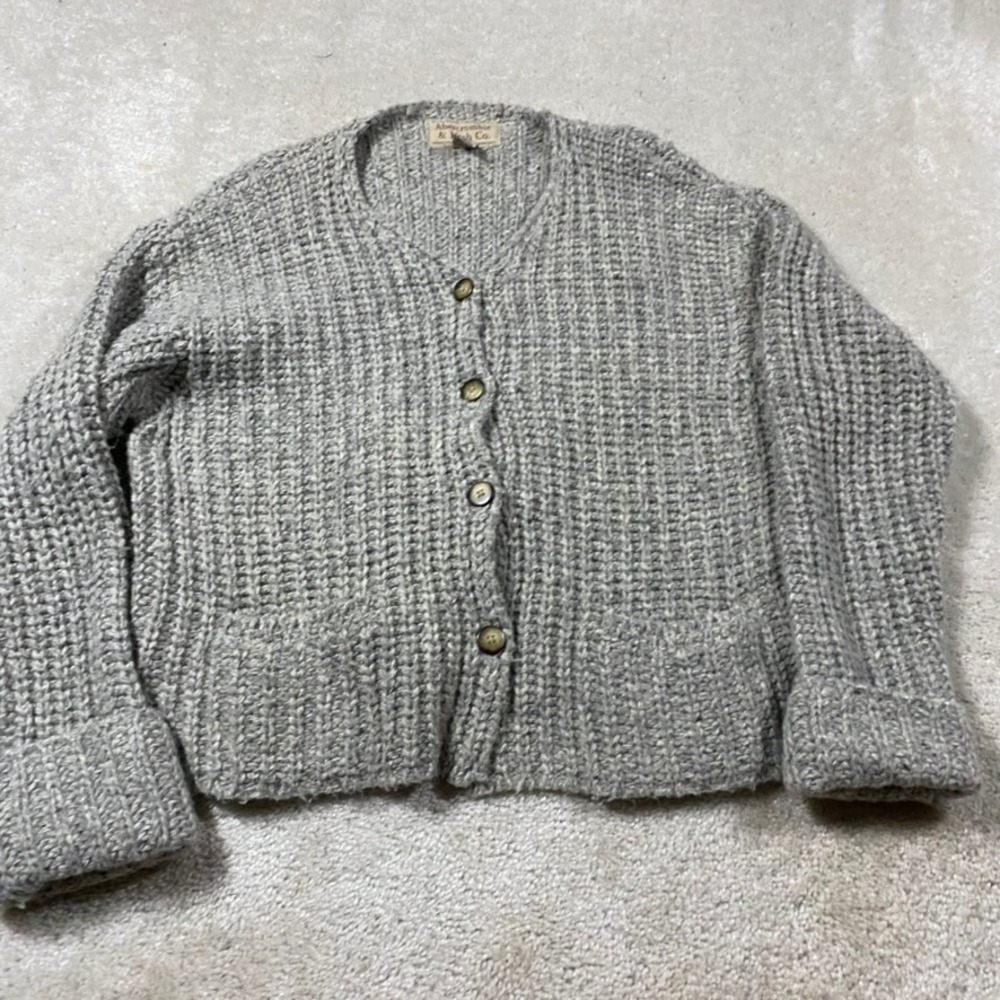 VTG Abercrombie & Fitch Wool Sweater Womens M Angora Chunky Knit Cardigan Gray